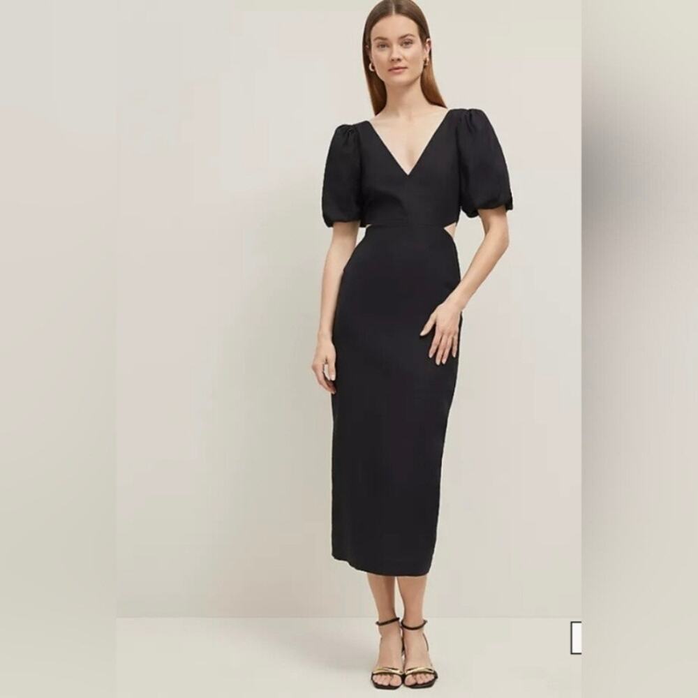 NWT Ann Taylor Black Linen Blend Cut-Out Puff Sleeve V-neck Midi Dress Women's 6